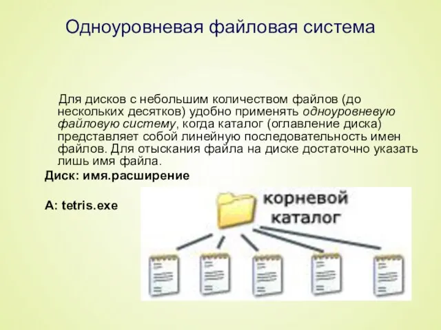 Одноуровневая файловая система Для дисков с небольшим количеством файлов (до