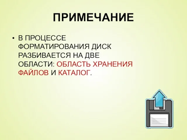 ПРИМЕЧАНИЕ В ПРОЦЕССЕ ФОРМАТИРОВАНИЯ ДИСК РАЗБИВАЕТСЯ НА ДВЕ ОБЛАСТИ: ОБЛАСТЬ ХРАНЕНИЯ ФАЙЛОВ И КАТАЛОГ.