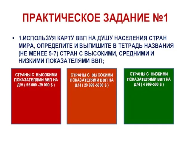 ПРАКТИЧЕСКОЕ ЗАДАНИЕ №1 1.ИСПОЛЬЗУЯ КАРТУ ВВП НА ДУШУ НАСЕЛЕНИЯ СТРАН