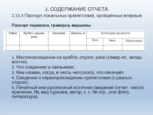 2. СОДЕРЖАНИЕ ОТЧЕТА 2.13.3 Паспорт локальных препятствий, пройденных впервые Паспорт