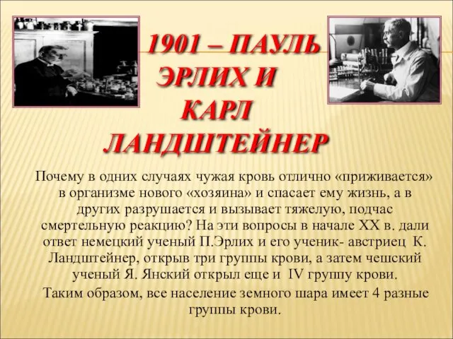 1901 – ПАУЛЬ ЭРЛИХ И КАРЛ ЛАНДШТЕЙНЕР Почему в одних