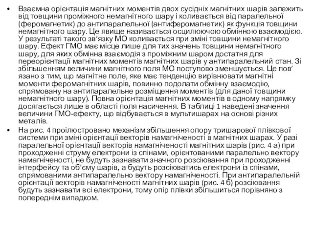 Взаємна орієнтація магнітних моментів двох сусідніх магнітних шарів залежить від