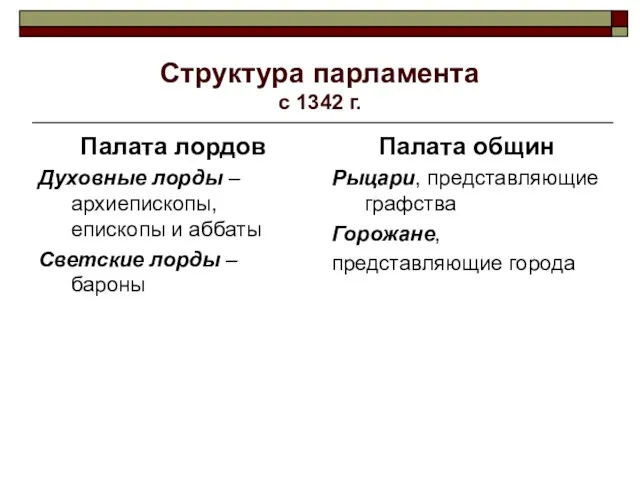 Структура парламента с 1342 г. Палата лордов Духовные лорды –