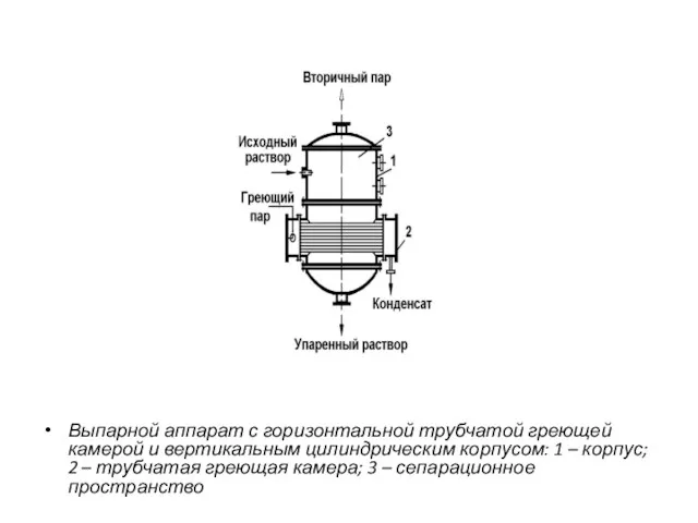 Выпарной аппарат с горизонтальной трубчатой греющей камерой и вертикальным цилиндрическим