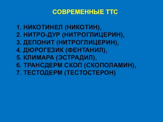 СОВРЕМЕННЫЕ ТТС 1. НИКОТИНЕЛ (НИКОТИН), 2. НИТРО-ДУР (НИТРОГЛИЦЕРИН), 3. ДЕПОНИТ