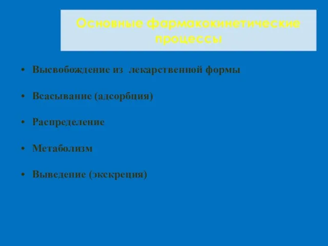 Основные фармакокинетические процессы Высвобождение из лекарственной формы Всасывание (адсорбция) Распределение Метаболизм Выведение (экскреция)