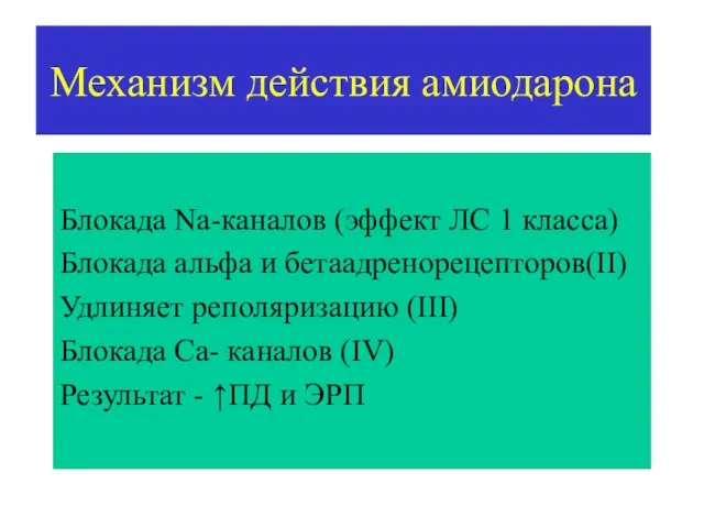 Механизм действия амиодарона Блокада Na-каналов (эффект ЛС 1 класса) Блокада