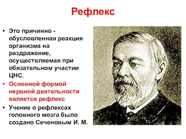 Рефлекс Это причинно - обусловленная реакция организма на раздражение, осуществляемая