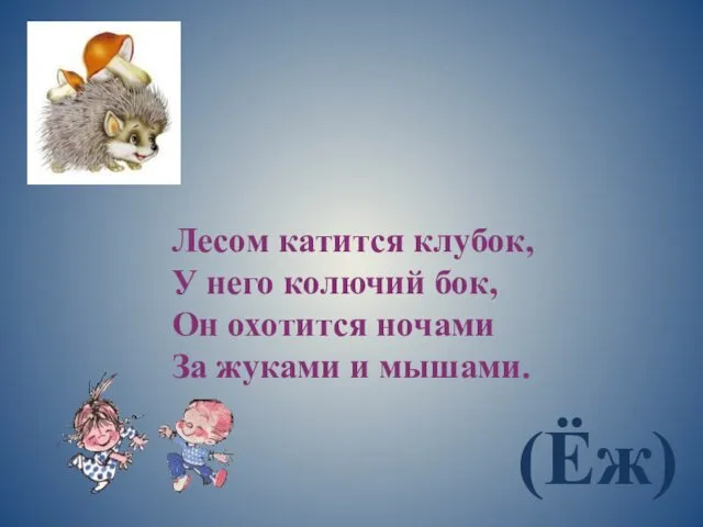 Лесом катится клубок, У него колючий бок, Он охотится ночами За жуками и мышами. (Ёж)