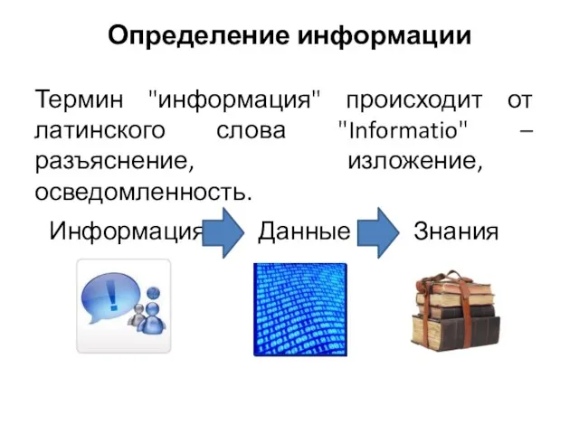 Термин "информация" происходит от латинского слова "Informatio" – разъяснение, изложение, осведомленность. Информация Данные Знания Определение информации