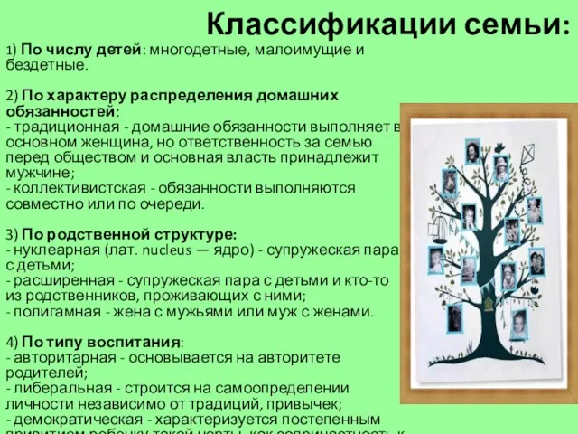 Классификации семьи: 1) По числу детей: многодетные, малоимущие и бездетные.