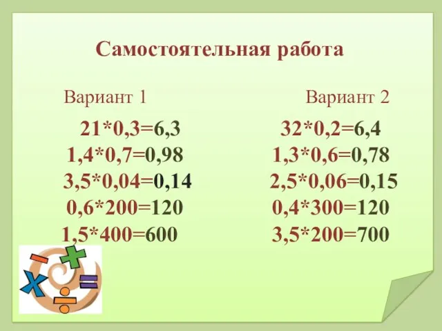 Самостоятельная работа 21*0,3=6,3 32*0,2=6,4 1,4*0,7=0,98 1,3*0,6=0,78 3,5*0,04=0,14 2,5*0,06=0,15 0,6*200=120 0,4*300=120 1,5*400=600 3,5*200=700 Вариант 1 Вариант 2