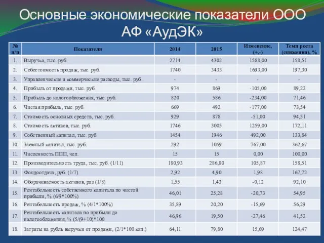 Основные экономические показатели ООО АФ «АудЭК»