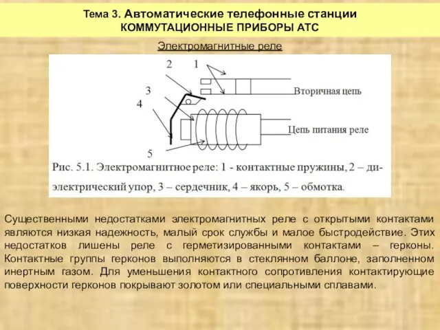 Тема 3. Автоматические телефонные станции КОММУТАЦИОННЫЕ ПРИБОРЫ АТС Электромагнитные реле