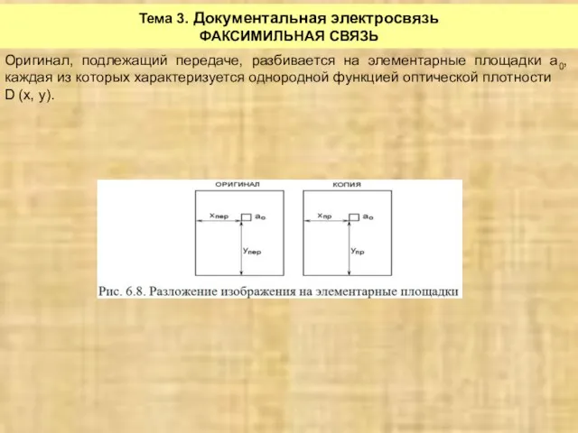 Тема 3. Документальная электросвязь ФАКСИМИЛЬНАЯ СВЯЗЬ Оригинал, подлежащий передаче, разбивается