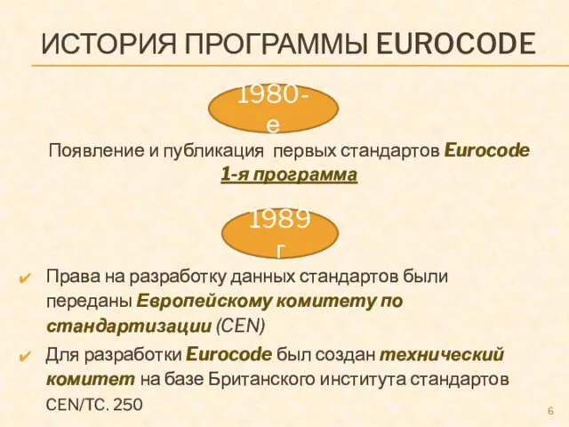 ИСТОРИЯ ПРОГРАММЫ EUROCODE Появление и публикация первых стандартов Eurocode 1-я