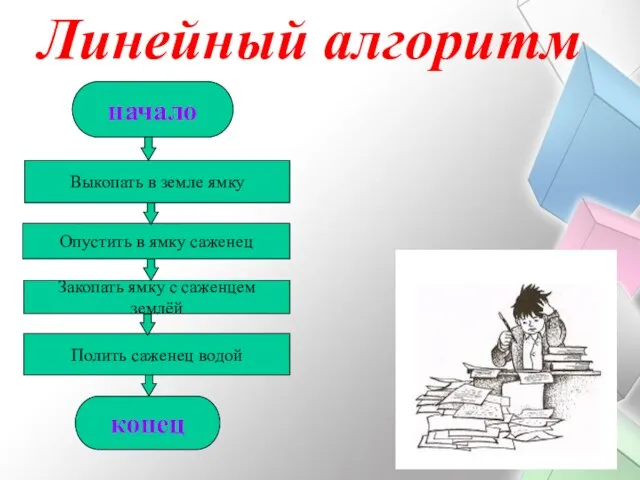 Линейный алгоритм Опустить в ямку саженец Закопать ямку с саженцем землёй Полить саженец водой