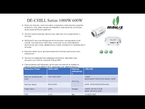 DE-CHILL Series 1000W 600W Источник питания, источник света, отражатель комплексного