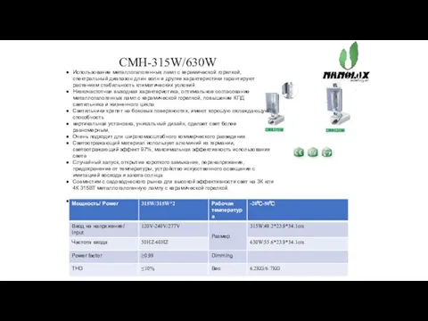 CMH-315W/630W Использование металлогалогенных ламп с керамической горелкой, спектральный диапазон длин