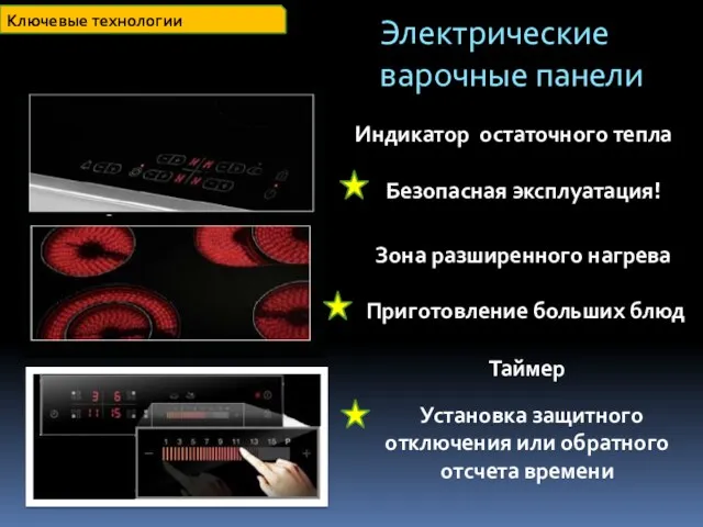 Индикатор остаточного тепла Безопасная эксплуатация! Таймер Установка защитного отключения или