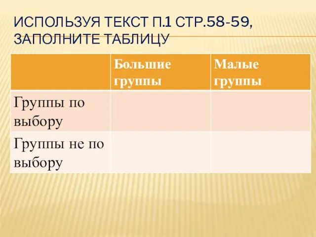 ИСПОЛЬЗУЯ ТЕКСТ П.1 СТР.58-59, ЗАПОЛНИТЕ ТАБЛИЦУ