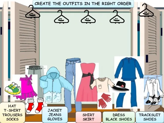 CREATE THE OUTFITS IN THE RIGHT ORDER HAT T-SHIRT TROUSERS