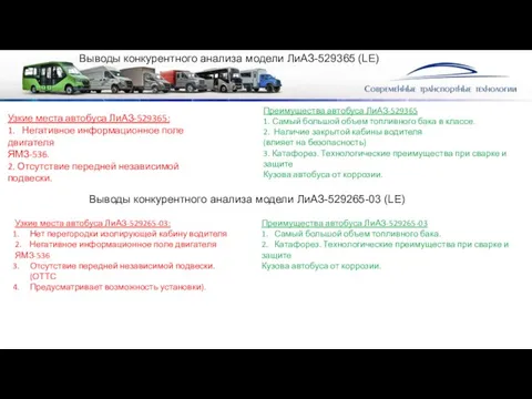 Выводы конкурентного анализа модели ЛиАЗ-529365 (LE) Преимущества автобуса ЛиАЗ-529365 1.