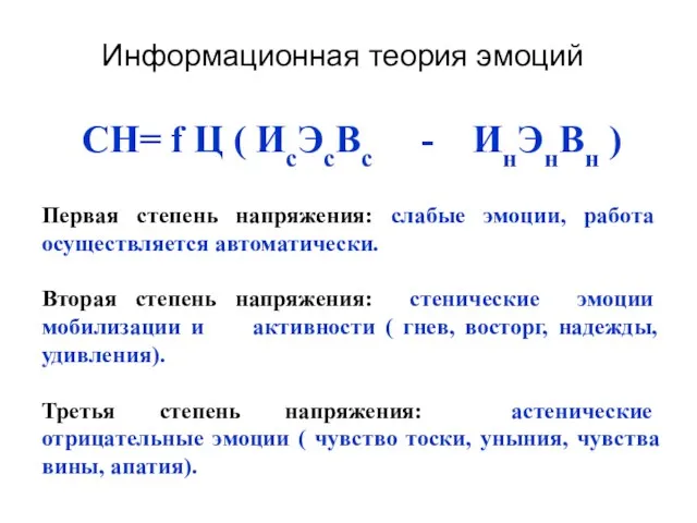 Информационная теория эмоций СН= f Ц ( ИсЭсВс - ИнЭнВн