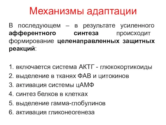 Механизмы адаптации В последующем – в результате усиленного афферентного синтеза