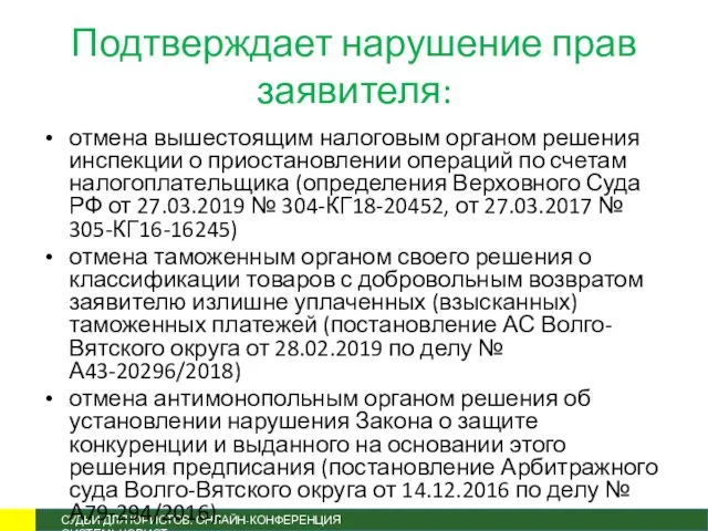 Подтверждает нарушение прав заявителя: отмена вышестоящим налоговым органом решения инспекции