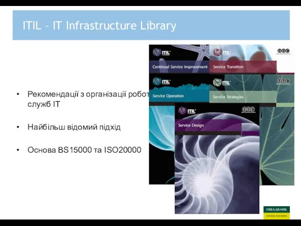 ITIL – IT Infrastructure Library Рекомендації з організації роботи служб ІТ Найбільш відомий