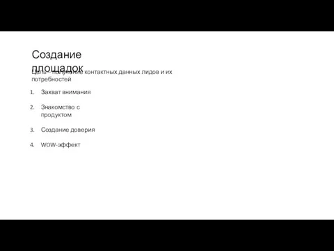 Создание площадок Захват внимания Знакомство с продуктом Создание доверия WOW-эффект