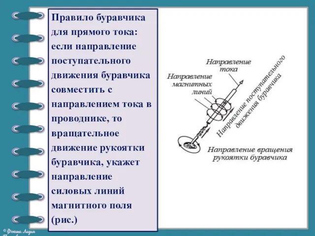 Правило буравчика для прямого тока: если направление поступательного движения буравчика