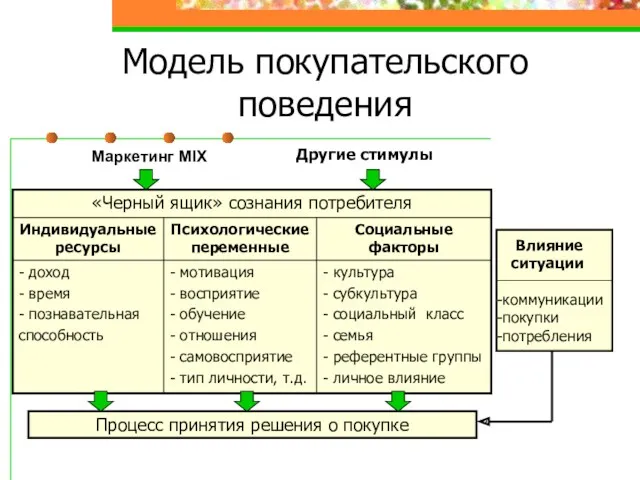 Модель покупательского поведения Маркетинг MIX Другие стимулы Процесс принятия решения