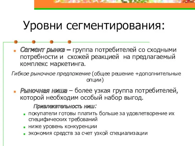 Уровни сегментирования: Сегмент рынка – группа потребителей со сходными потребности