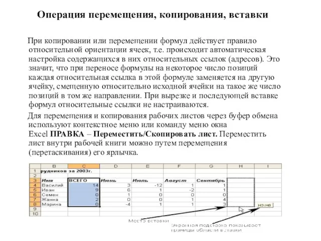 Операция перемещения, копирования, вставки При копировании или перемещении формул действует