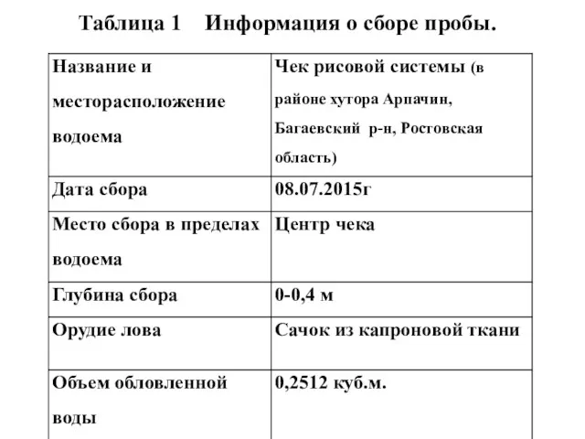 Таблица 1 Информация о сборе пробы.