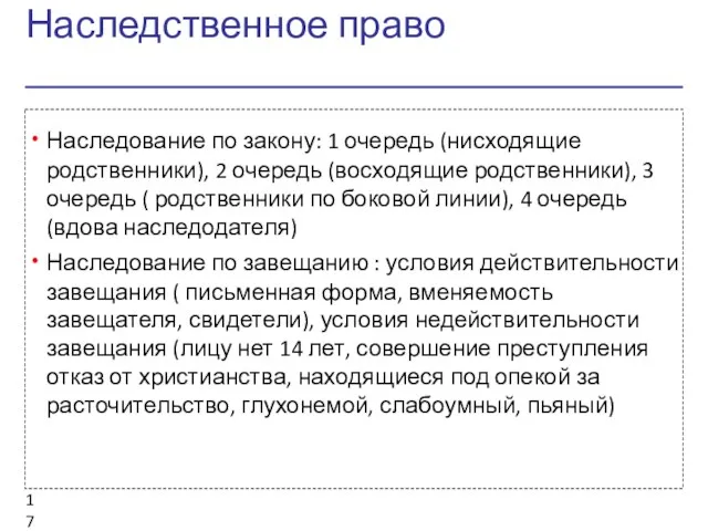 Наследственное право Наследование по закону: 1 очередь (нисходящие родственники), 2