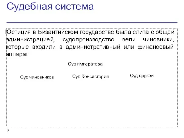 Судебная система Юстиция в Византийском государстве была слита с общей