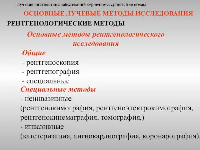 Лучевая диагностика заболеваний сердечно-сосудистой системы РЕНТГЕНОЛОГИЧЕСКИЕ МЕТОДЫ ОСНОВНЫЕ ЛУЧЕВЫЕ МЕТОДЫ