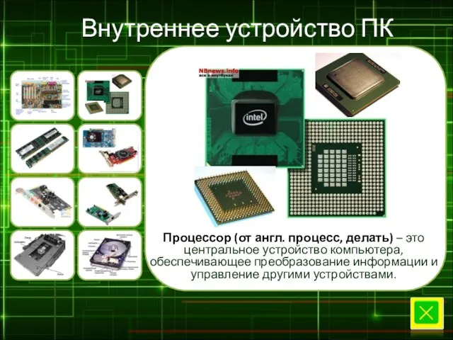 Внутреннее устройство ПК Процессор (от англ. процесс, делать) – это центральное устройство компьютера,