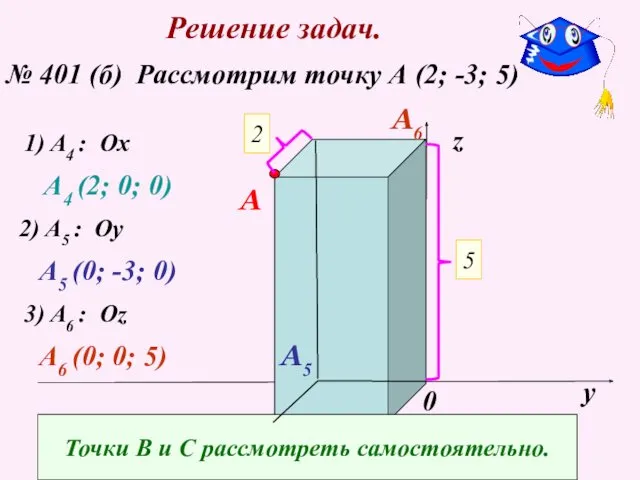 Решение задач. № 401 (б) Рассмотрим точку А (2; -3;