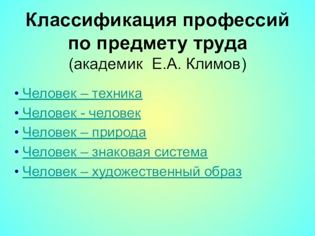 Классификация профессий по предмету труда (академик Е.А. Климов) Человек –