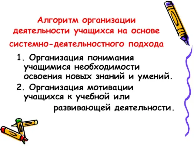 Алгоритм организации деятельности учащихся на основе системно-деятельностного подхода 1. Организация понимания учащимися необходимости