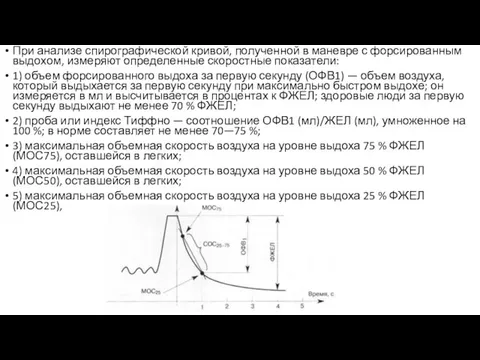 При анализе спирографической кривой, полученной в маневре с форсированным выдохом, измеряют определенные скоростные