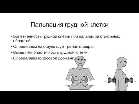 Пальпация грудной клетки Болезненность грудной клетки при пальпации отдельных областей. Определяем на ощупь