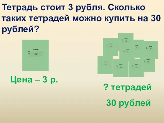 Тетрадь стоит 3 рубля. Сколько таких тетрадей можно купить на