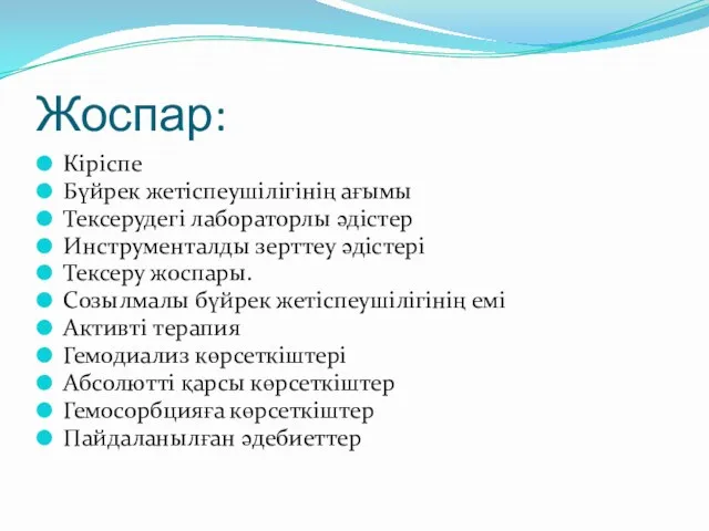 Жоспар: Кіріспе Бүйрек жетіспеушілігінің ағымы Тексерудегі лабораторлы әдістер Инструменталды зерттеу