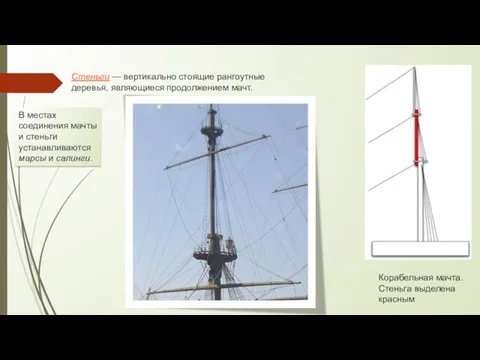 Стеньги — вертикально стоящие рангоутные деревья, являющиеся продолжением мачт. Корабельная