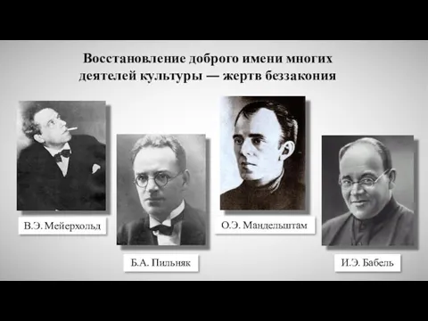 В.Э. Мейерхольд О.Э. Мандельштам Б.А. Пильняк И.Э. Бабель Восстановление доброго